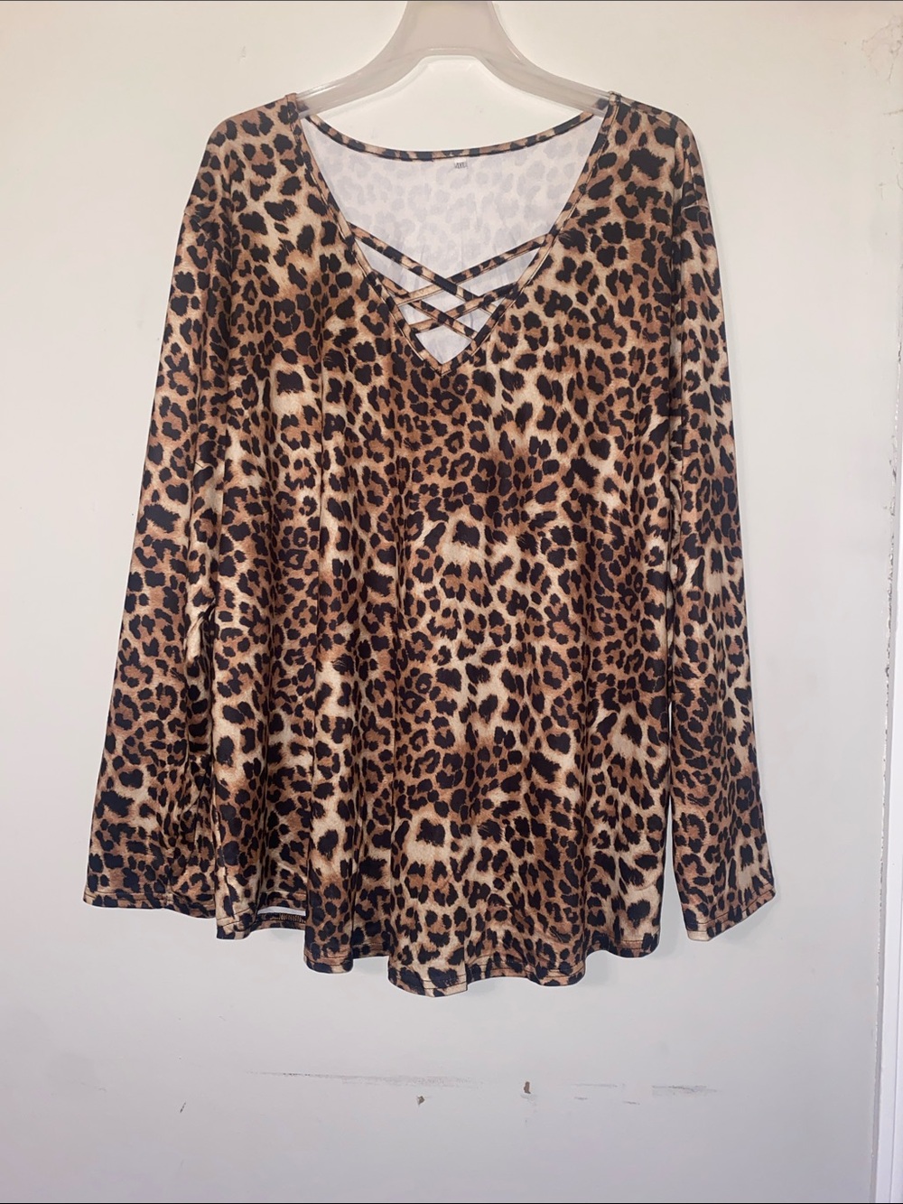 Crisscross V-Neck Leopard Long Sleeve Top - Brown